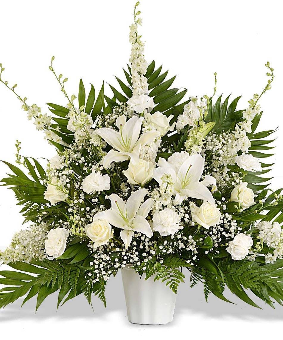 BASKET OF ALL WHITE FLOWERS FOR FUNERAL DELIVERED IN BATON ROUGE, LA