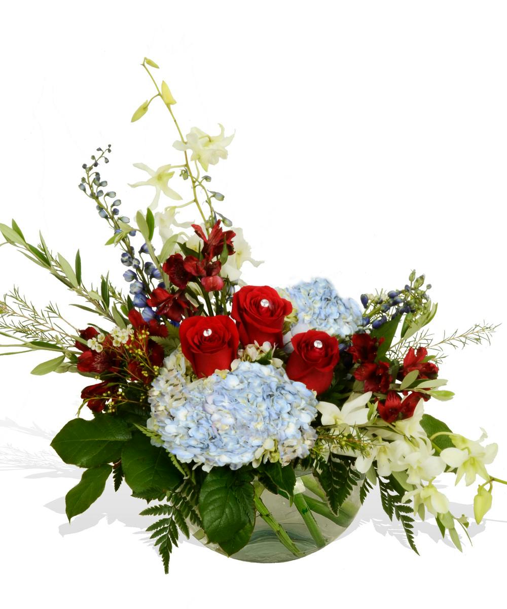 Red, White & Blue Roses, Hydrangea Glass Bowl delivered Baton Rouge, LA