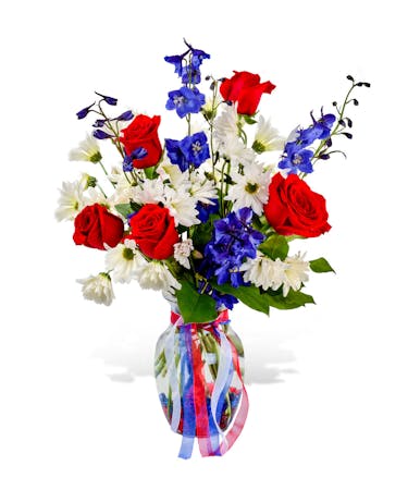 Red White & Blue Arrangement with Daisies Roses and Delphinium  delivered in Baton Rouge, LA- Billy Heroman's