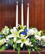 Lilies and Delphinium Holiday Centerpiece.