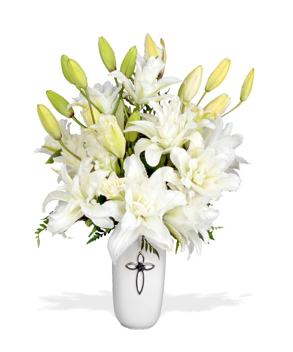 Faithful Blessings Sympathy Arrangement All White Lilies delivered in
