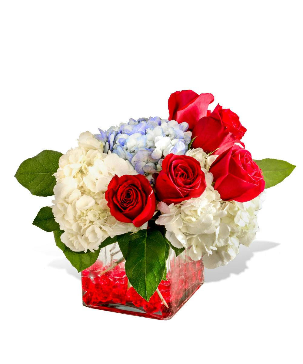 Red, White & Blue Roses, Hydrangea cube delivered Baton Rouge, LA -  Billy Heroman's