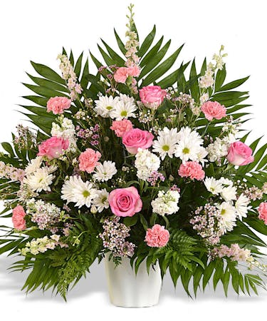 Pink And White Funeral Basket Arrangement Delivered In Baton Rouge