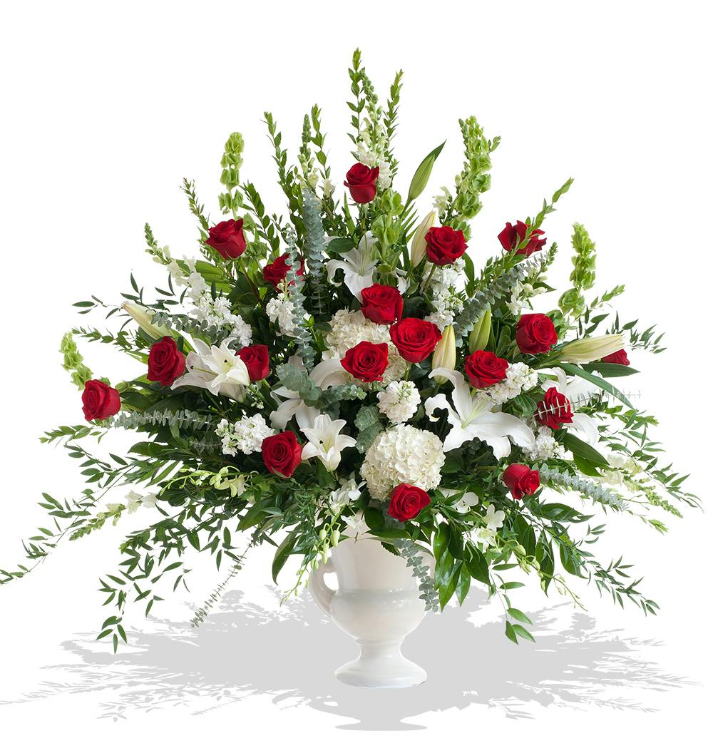 Red and White Tradition urn arrangement delivered in Baton Rouge, LA
